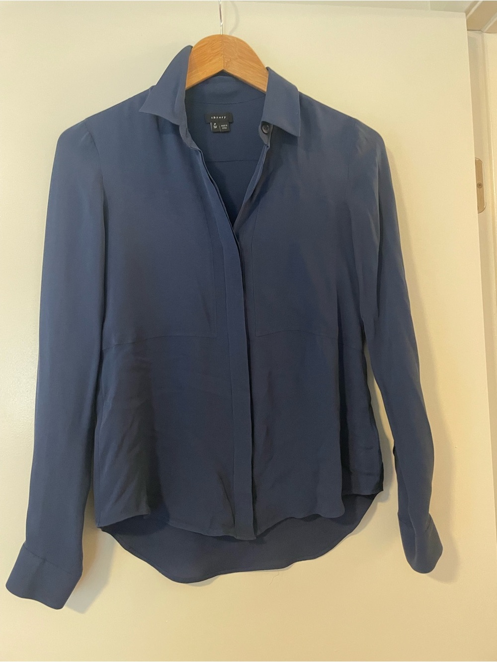 Theory Navy Silk Button-Down Blouse